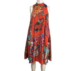Marve Orange Floral Sleeveless Mock Neck A-Line Midi Dress XXS